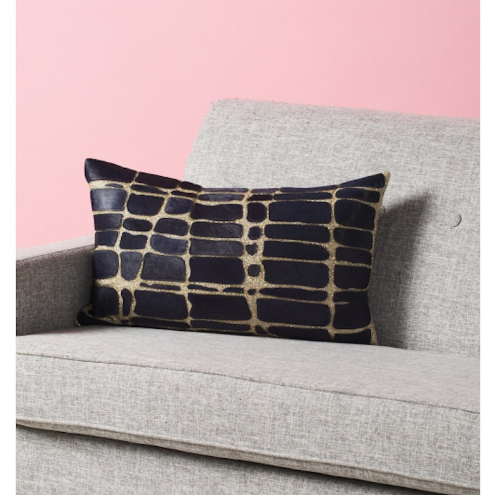 Callisto Home Navy Blue Gold Beaded Hide Accent Pillow